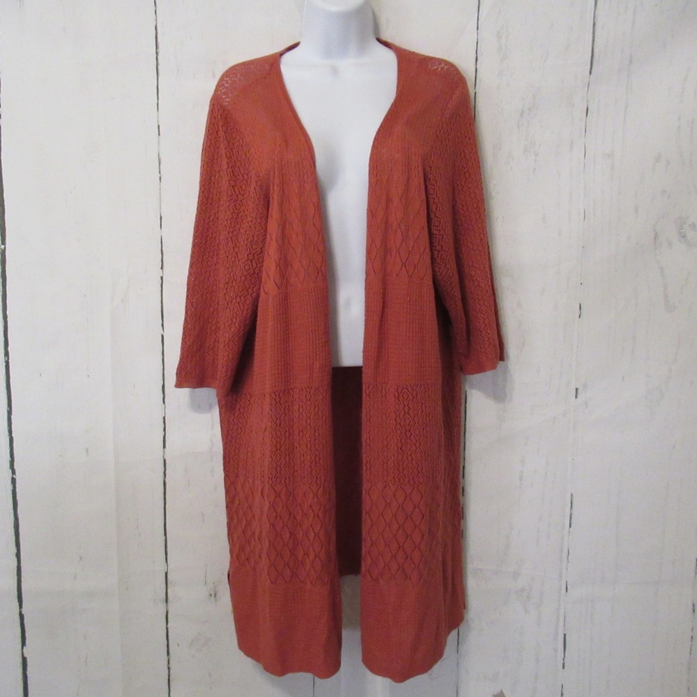 Torrid Cardigan Sweater 3 3X Pumpkin Orange Pointelle Longline Open Lightweight